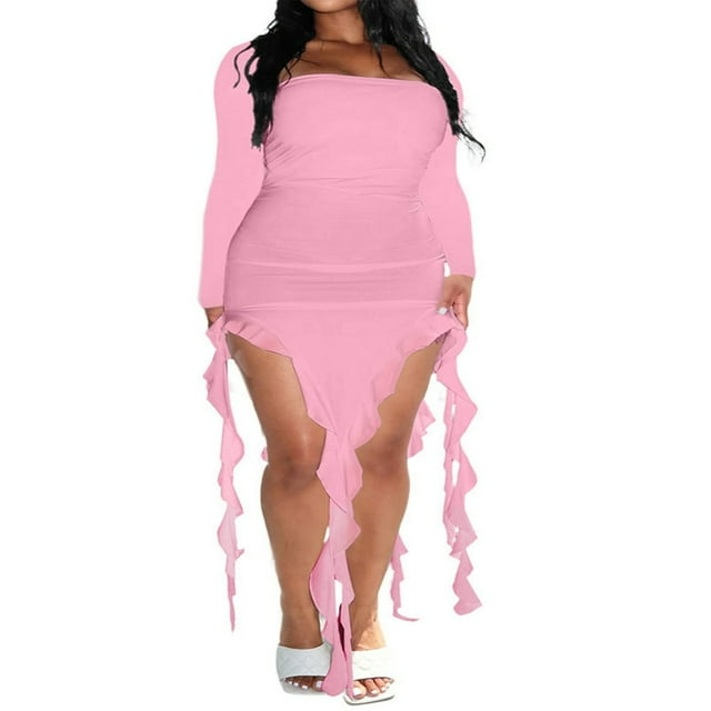 Robe Longue pour Femmes Manches Longues Col Carré Fendu Robe Irrégulière à Volants Robe de Cocktail