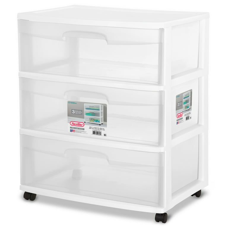 Sterilite Wide 3 Drawer Storage Unit, Clear/White