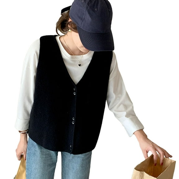 Yokua Women Knit Solid Color Sleeveless Sweater Loose V-Neck Button Up Vest Cardigan