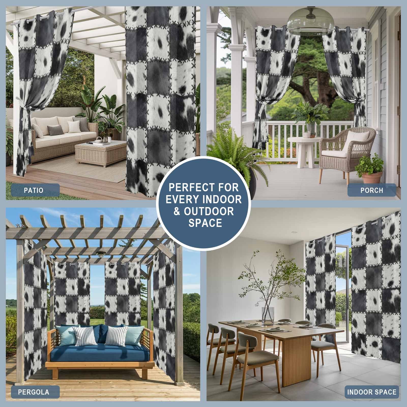 Abstract Cowhide Patchwork Outdoor Curtains for Patio, Country Farm Black White Plaid Sunshade Privacy Drapes Grommet Waterproof Outside Curtains for Porch/Cabana/Balcony 54"x 108", 1 Panel