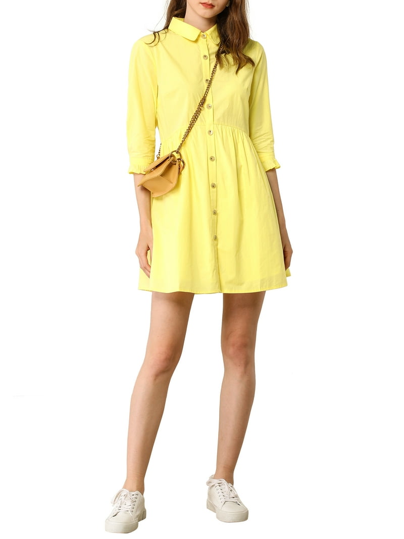 Daring Diva Elegant Collar Flare 3/4 Sleeve Button Mini Shirt Dress L Lemon Yellow