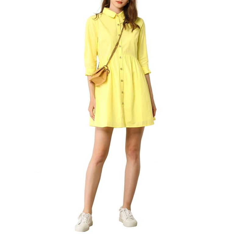 Unique Bargains Women's Elegant Collar Flare 3/4 Sleeve Button Mini Shirt Dress Lemon Yellow M