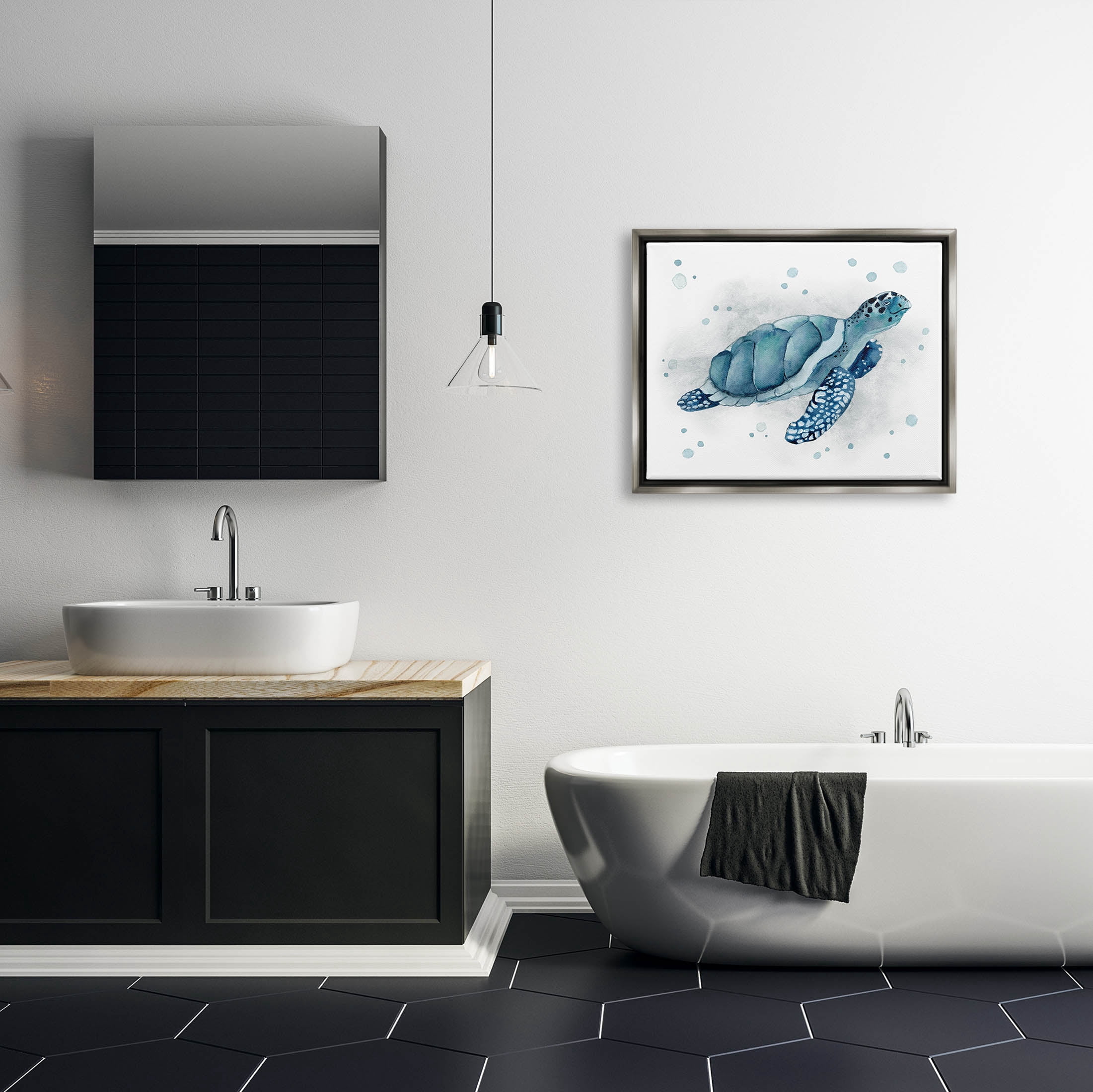 Stupell Industries Blue Happy Turtle Bubbles Graphic Art Luster Gray Floating Framed Canvas Print Wall Art, Design by Janet Tava
