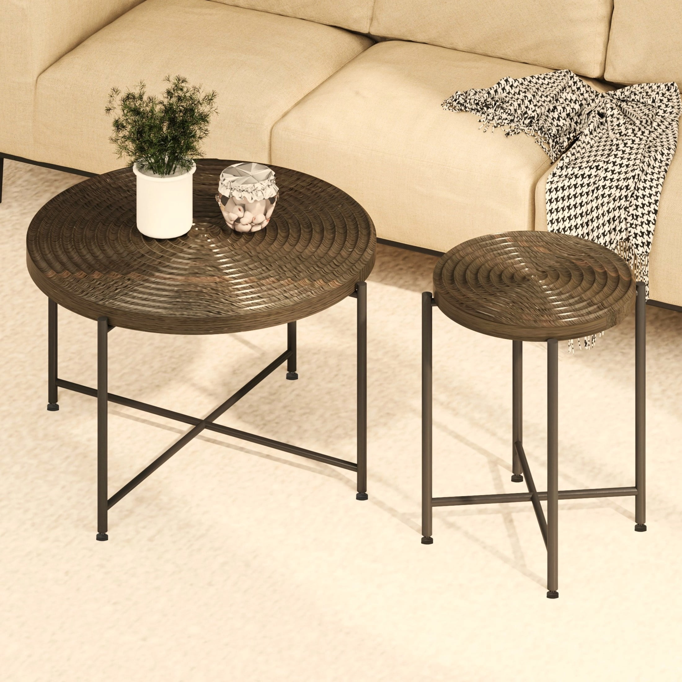 GDF Studio 2-Piece Coffee and End Table Set with Radial Ring Pattern Tabletops, Black Metal Legs, Walnut Brown