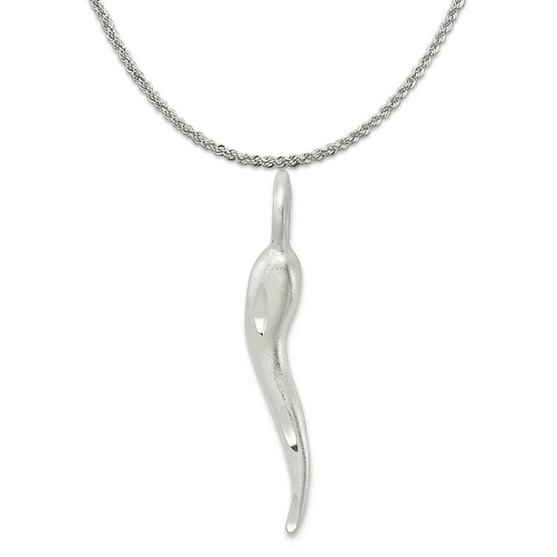 Carat in Karats Sterling Silver Italian Horn Charm (26mm X 4mm) With A Sterling Silver Rope