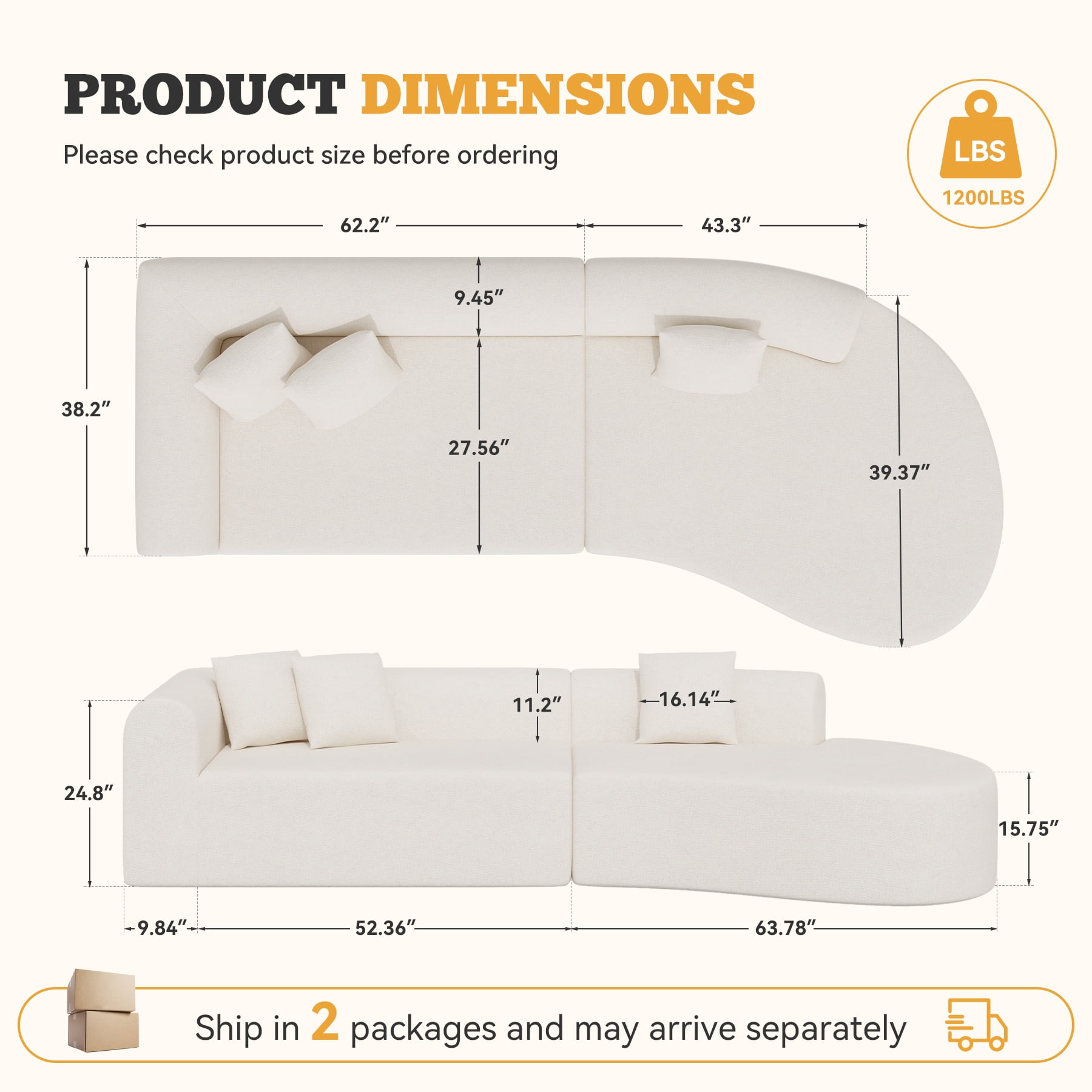 Hawsaiy 126" Oversized Modular Sectional Sofa, Modern Deep Seat Curved Cloud Couch, Soft Chenille Upholstered Sofa for Living Room, Beige, No Assembly