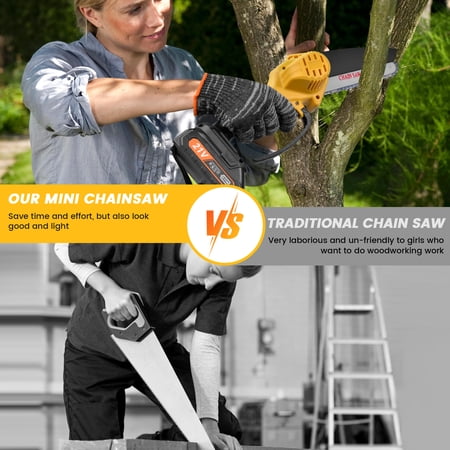 YAHHU 6 INCH MINI CHAINSAW WITH 21V BATTERY POWERED, CORDLESS HANDHELD ELECTRIC CHAINSAW YELLOW, NEW