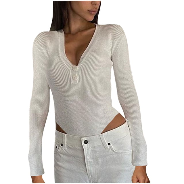 fartey Women's 2025 Trendy Deep V Neck Long Sleeve Button Front Top Ribbed Knit Solid Color Lightweight Bodysuit Jumpsuit