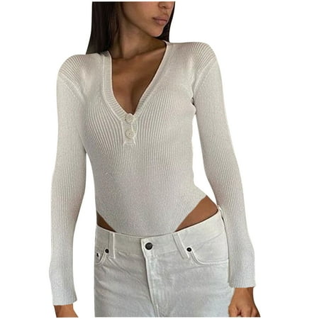 Women s Sexy Deep V Neck Long Sleeve Bodysuit Ribbed Slim Fitted Leatord Stretchy Basic Bodysuit Jumpsuit Tops for Women Womens Clothes