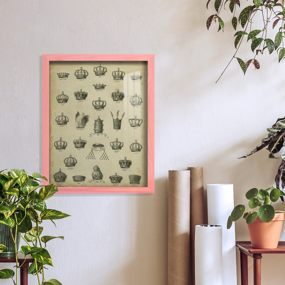 Heraldic Crowns & Coronets II -Framed Print w/glass-Sunset Pink