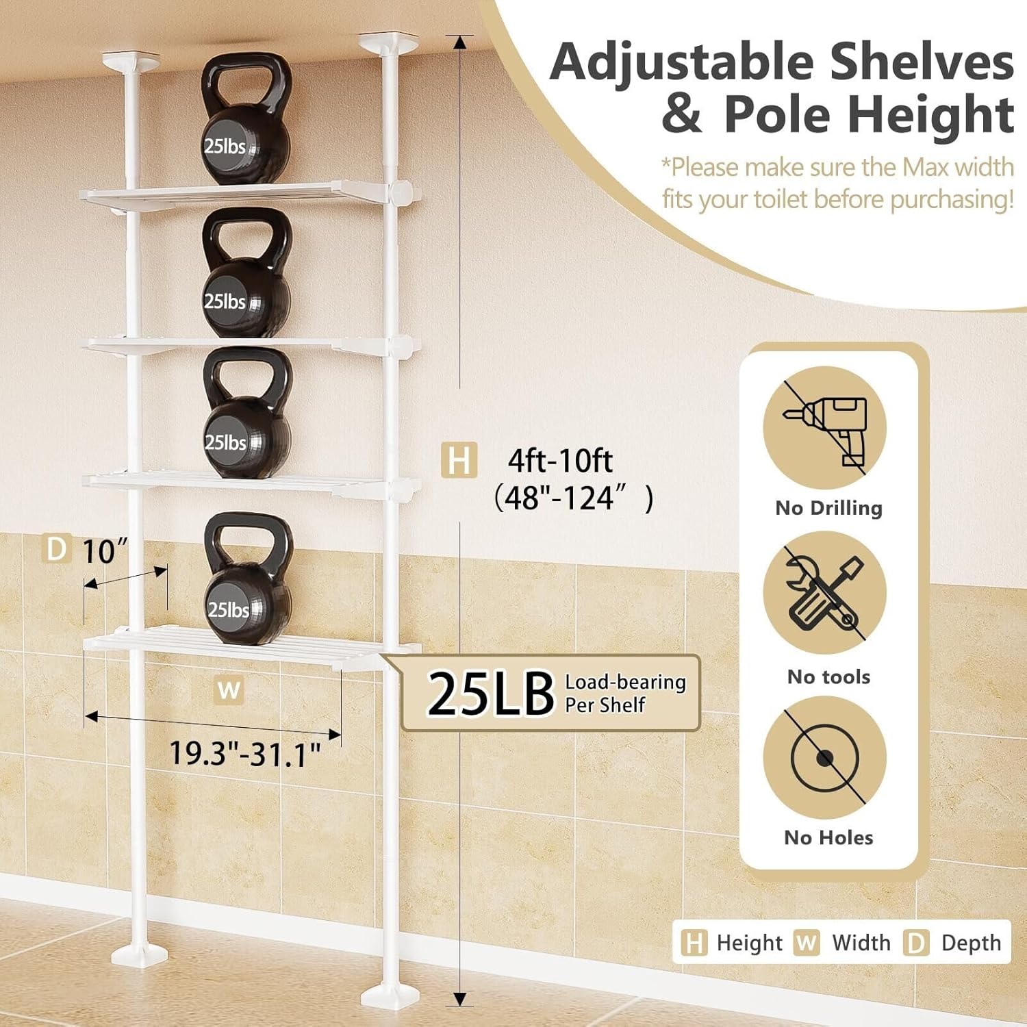 Over The Toilet Storage Shelf 4 Tier Adjustable Tension Mounted Metal Bathroom Organizer White