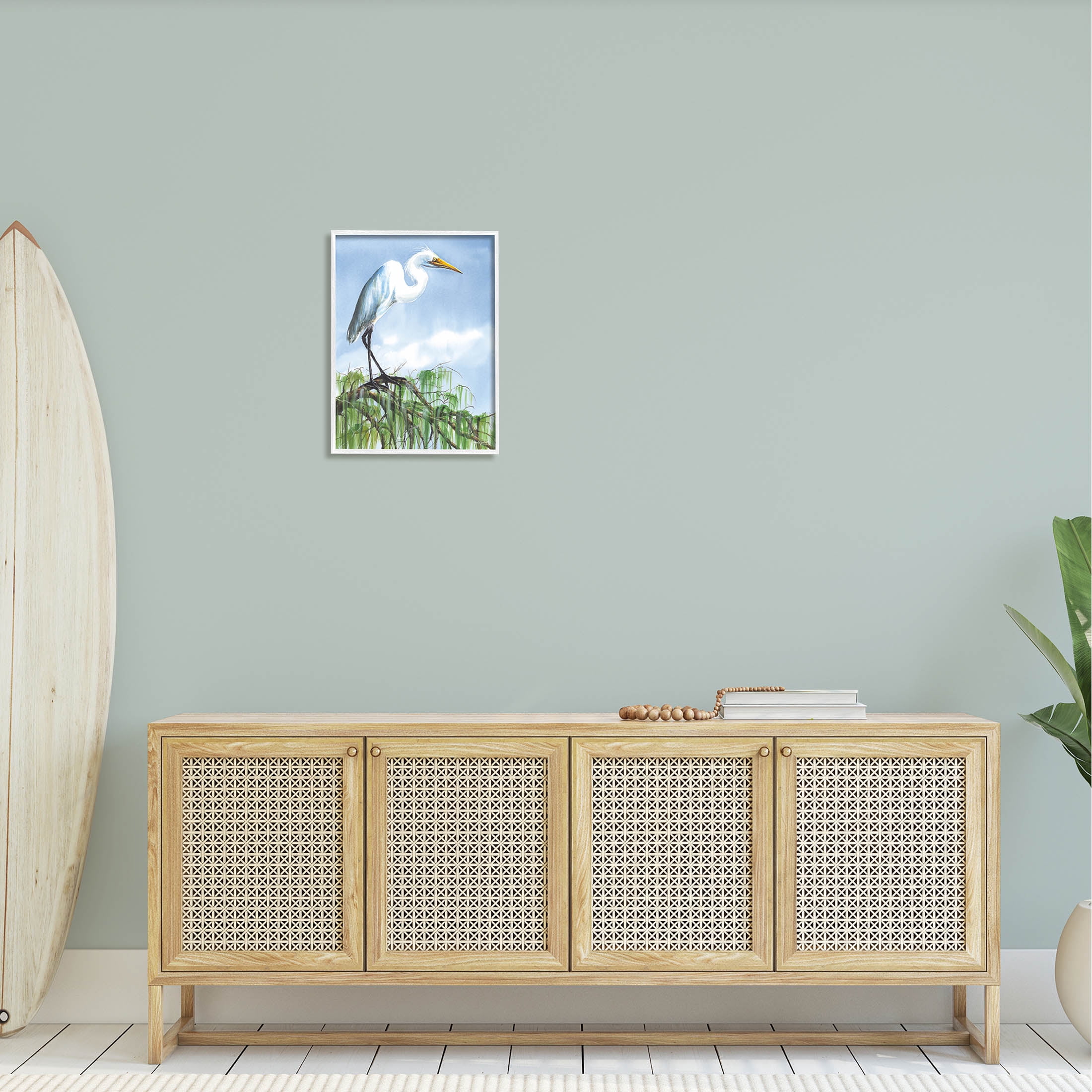 Egret Bird Balancing Branch Animals & Insects Painting White Framed Art Print Wall Art