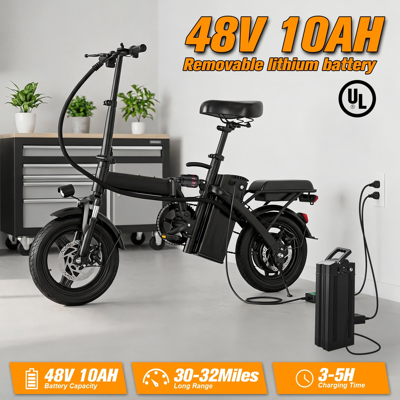 14''Foldable Adult Electric Bike, 48V 10ah 560W Motor, 3-Speed Gearing, Dual Spring Shock Absorbers, Front And Rear Led Safety Lights, Portable Design, With Basket/Phone Holder/Lock