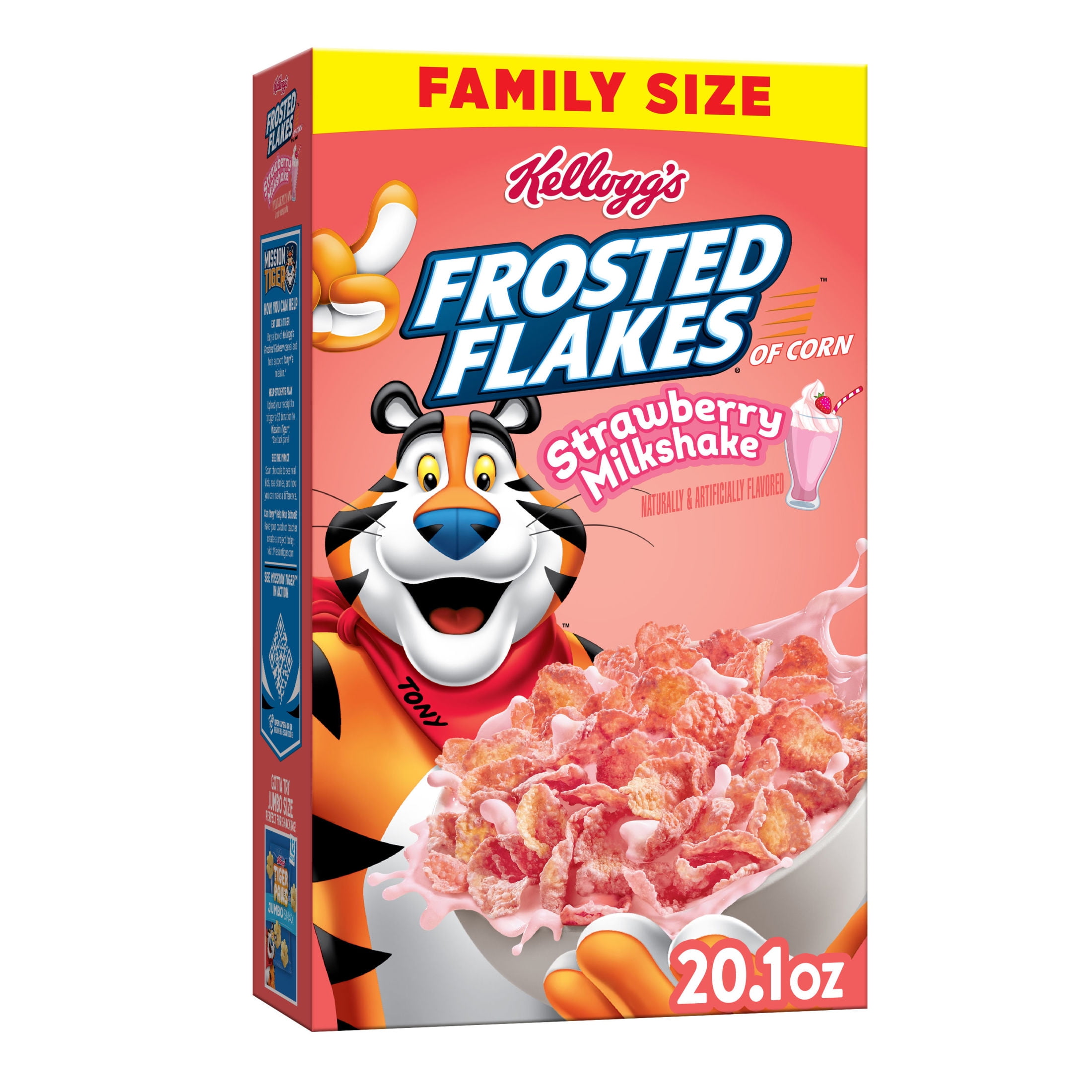(6 pack) Kellogg's Frosted Flakes Strawberry Milkshake Breakfast Cereal, Kids Cereal, Family Size, 20.1 oz