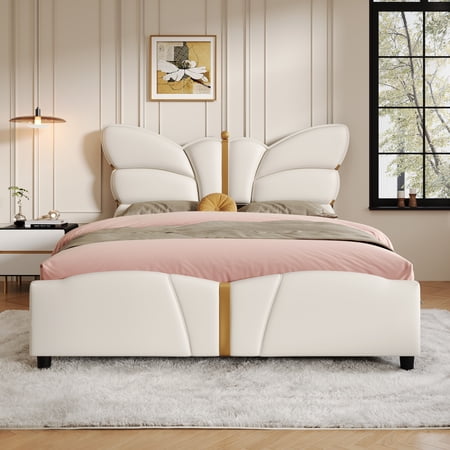 Harper & Bright Designs Full Size Leather Platform frame with Butterfly Headboard & Footboard PU Upholstered Bedframe with Gold Metal Decorations Beige