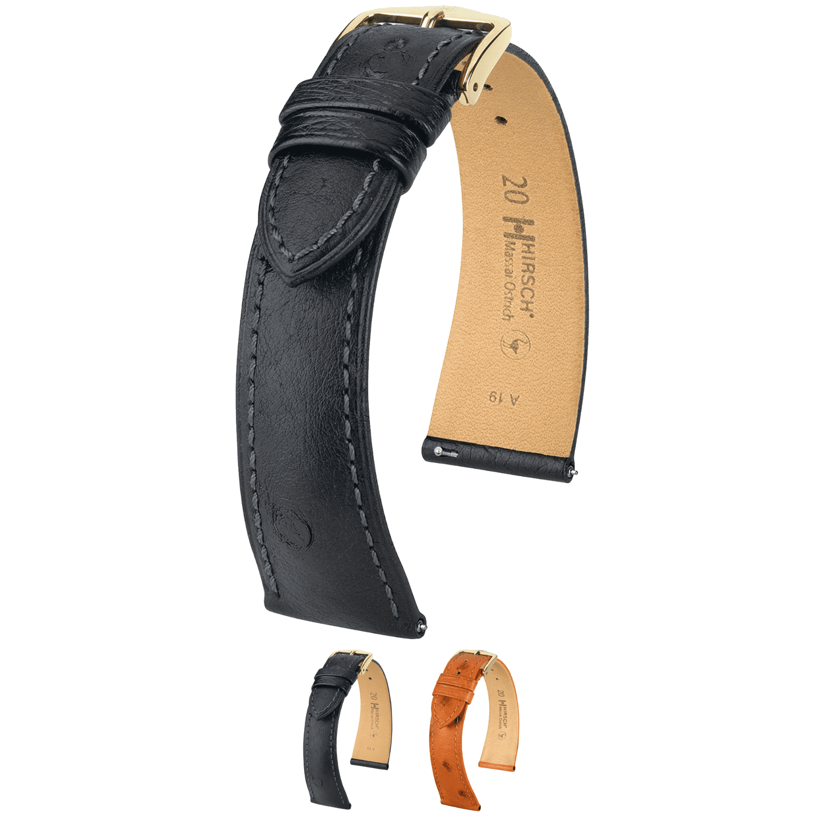 Hirsch Massai Ostrich Leather Watch Strap - Black - L - 18mm - Gold Buckle  