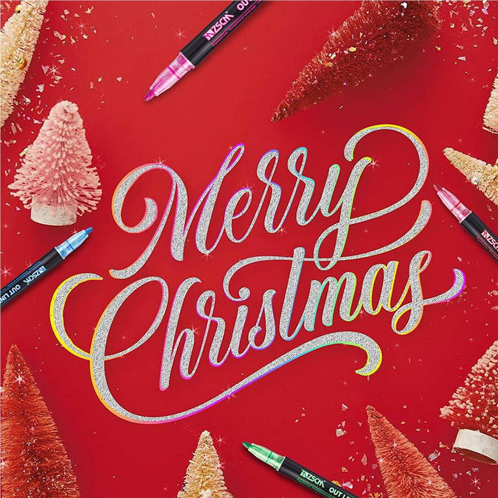 Langgg Outline Metallic Marker Pens 12 Colors Double Line Marker Pens Writing Drawing Highlighter Marker Pen for School Office