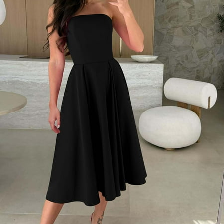 Fashion Flash Deals!TOPUUTP Strapless Dresses for Women Backless Flowy A Line Sleeveless Off Shoulder Summer Sundress Casual Loose Beach Party Midi Dress Black XXL