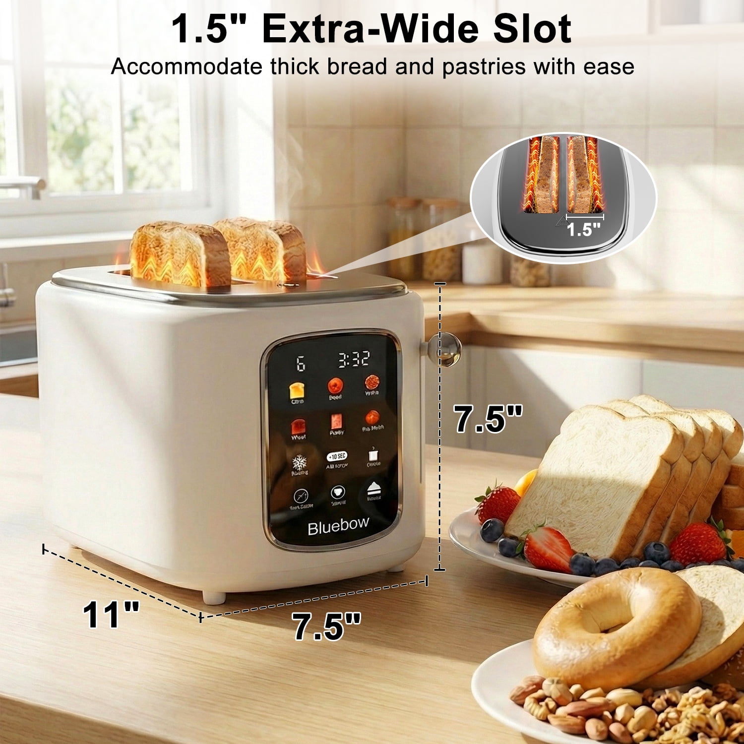 Bluebow 2-Slice Toaster, 1.5" Wide Slots, Touchscreen with 6 Bread Types & Shade Settings, Reheat, Defrost, Saved, Removable Tray, White