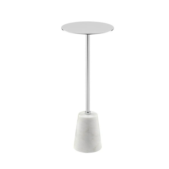 Benjara Sen 21" Drink Side End Table- Cone White Marble Base- Chrome Metal Top