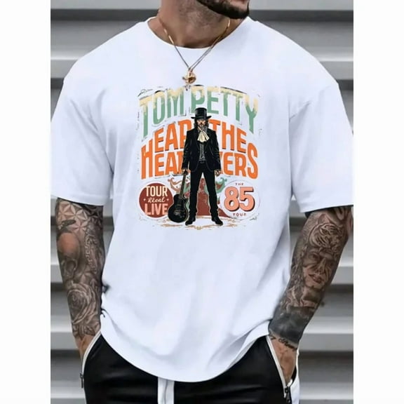 100% cotton tshirts men tee Men's Vintage Tom Petty & The Heartbreakers 1985 Tour Graphic T-Shirt - White Round Neck Casual Tee