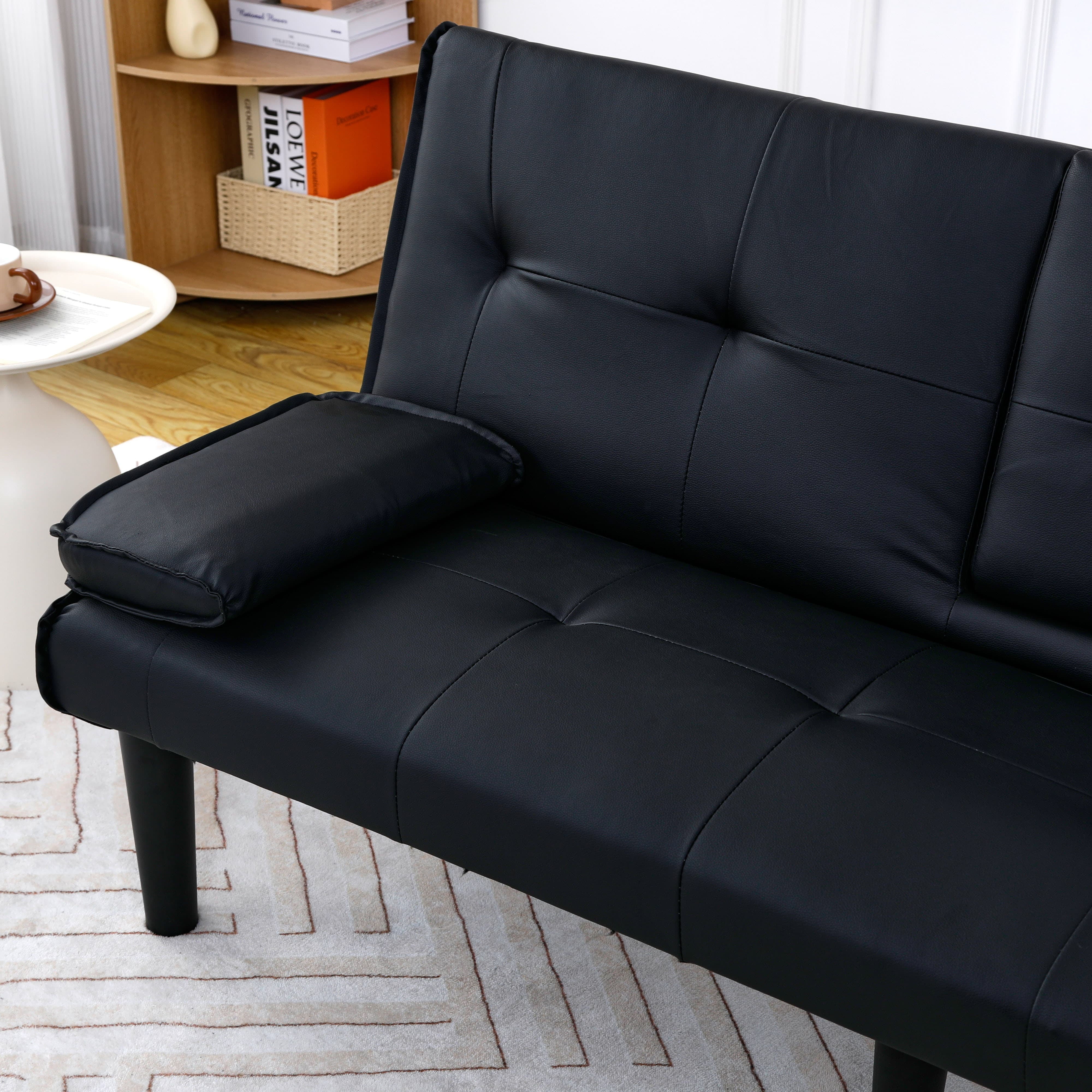 MAYEERTY 67" Convertible Sofa Bed PVC Loveseat Sofa with Cup Holder for Apartment, Living Room, Small Space, Black