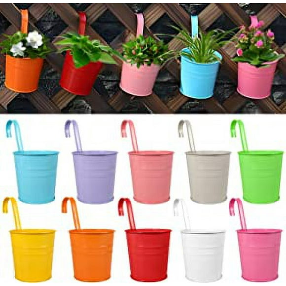 10 Pack 4 Inches Hanging Flower Pots, Metal Iron Hanging Flower Pots with Detachable Hook & Drain Hole for Balcony Fence Garden Home Decor