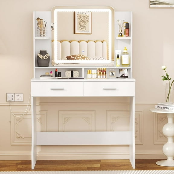 SUNCROWN Vanity Desk with Mirror and Lights - 53.6" Makeup Vanity with 3 Color Modes, 2 Drawers with Metal Handles and 3 Shelves, White Dressing Table with Storage & Organizer for Girls Bedroom