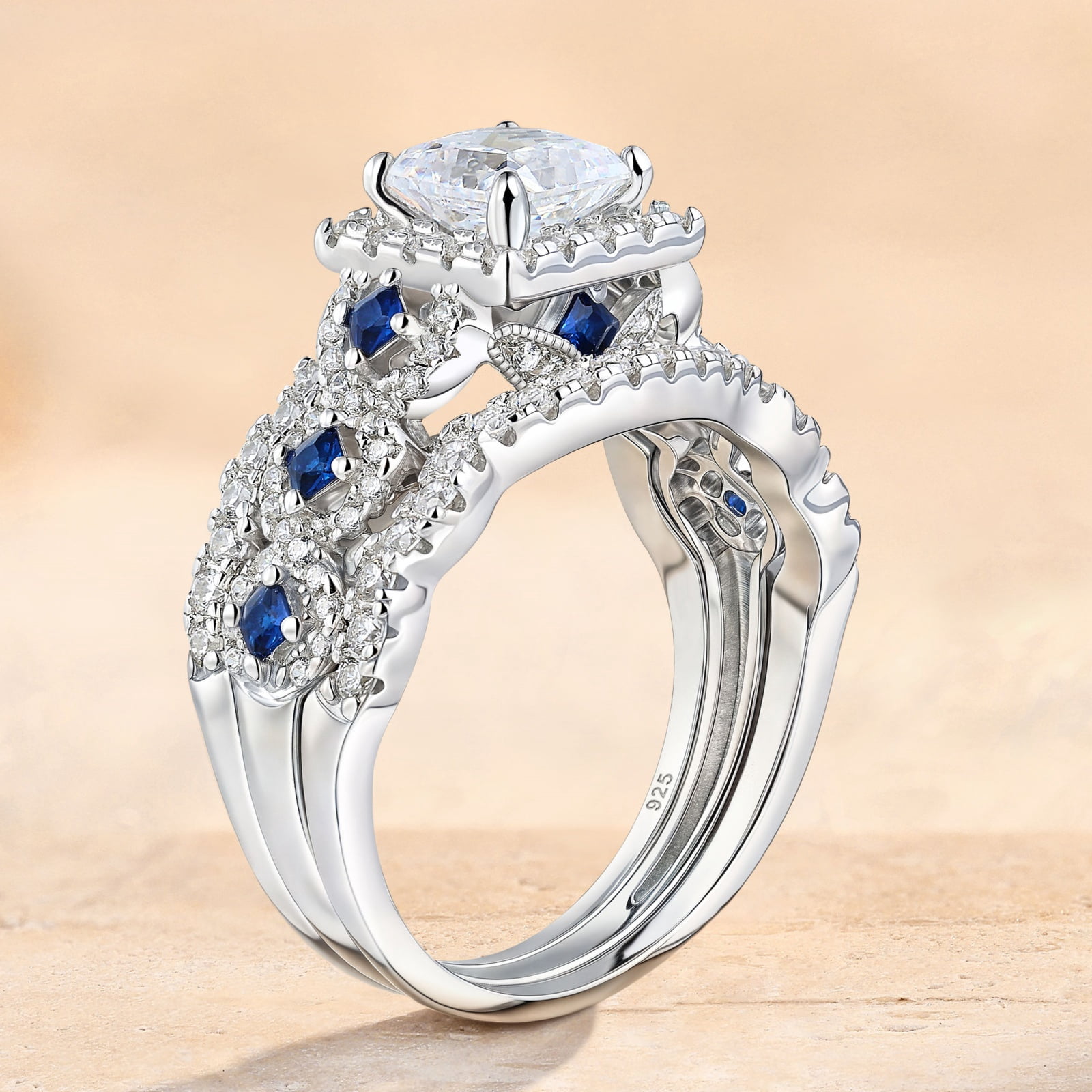 Newshe Jewellery 3.5 Ct Moissanite Engagement Rings for Women 925 Sterling Silver Princess Bridal Ring Sets Blue Sapphire Size 7