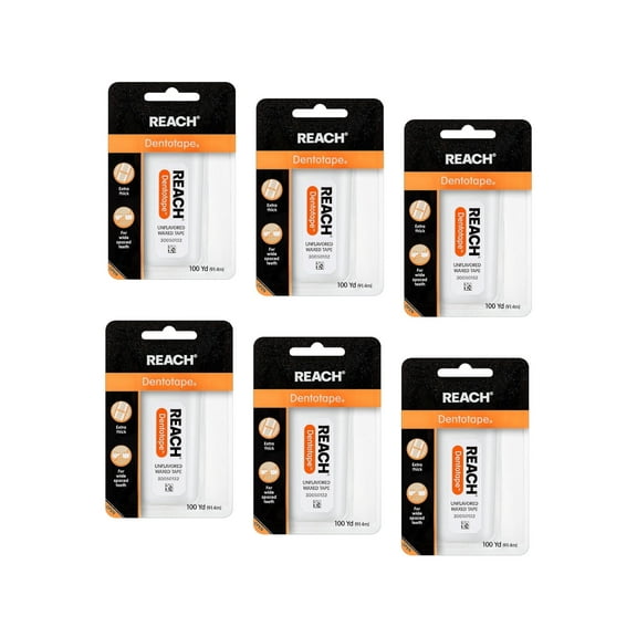 REACH Dentotape Waxed Dental Floss Tape, Unflavored, Extra Wide Floss, Shred & Frey Resistant, Plaque Remover for Teeth, Easy on Gums & Teeth, Oral Care, PFAS Free, for Adults & Kids, 6 Pack, 100 yd
