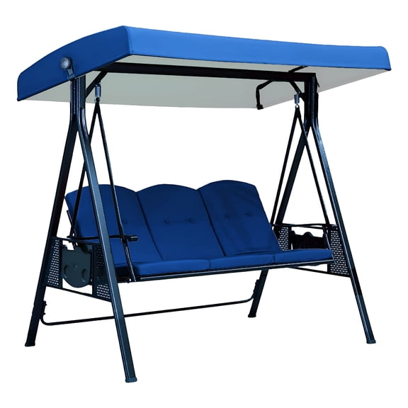 XIBUFE 3 Seat Outdoor Porch Swing Convertible Patio Swing Bed with Cup Holder Adjustable Canopy Stand Garden