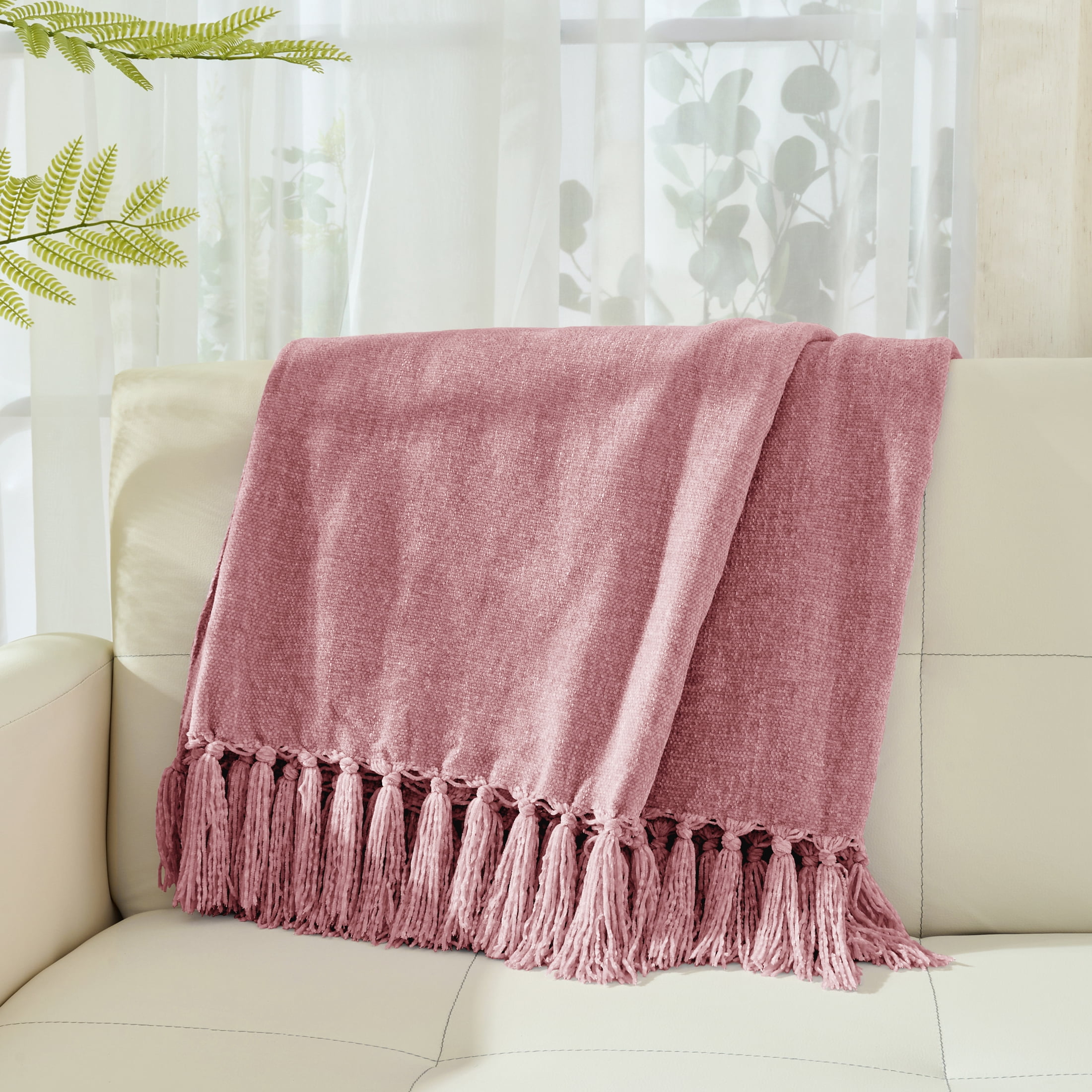 LONG CREATE Chenille Throw Blanket with Fringe Tassel for Couch Sofa Chair Bed, Mauve 60" x 90"