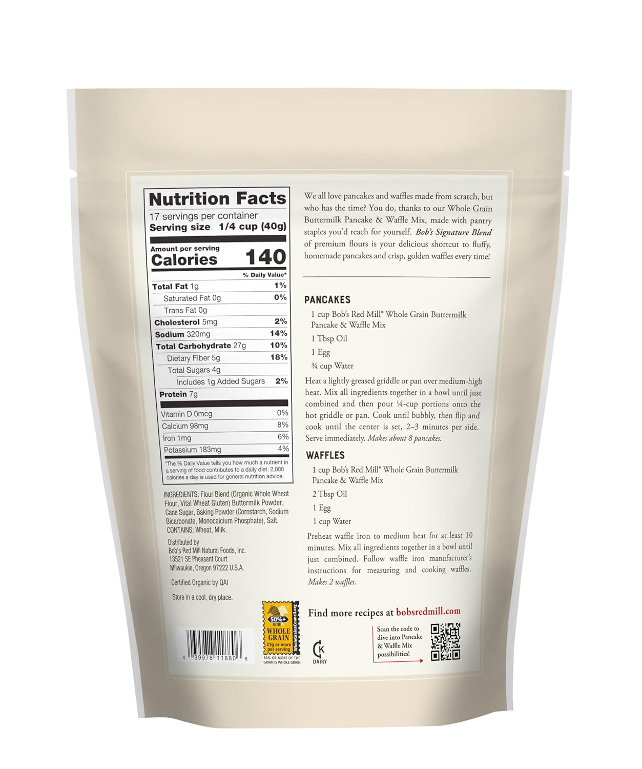 Bob's Red Mill, Buttermilk Pancake & Waffle Mix, Whole Grain, 24 oz Pack of 4