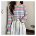 thumbnail image 2 of Lindo suéter de manga larga con cuello redondo dulce color retro raya casual suéter corto, 2 of 8