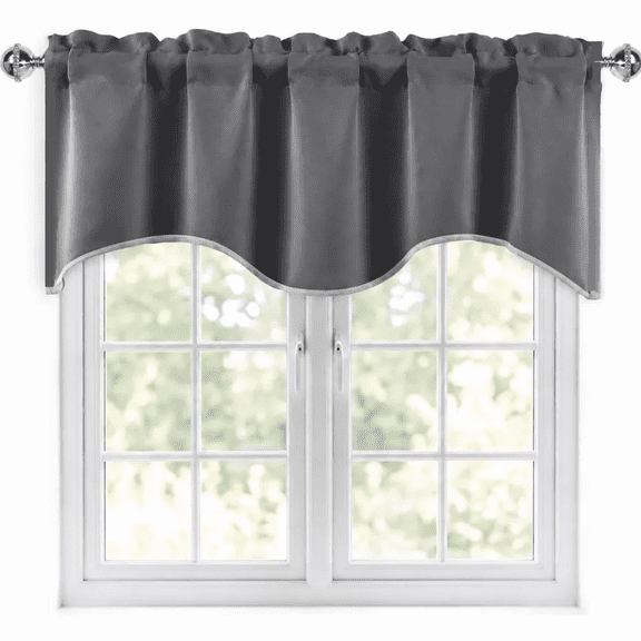Dark Grey Scalloped Edge Valances for Windows Rod Pocket Room Darkening Small Window Curtains for Kitchen/Bathroom, 132" W x 46" L, 1 Panel