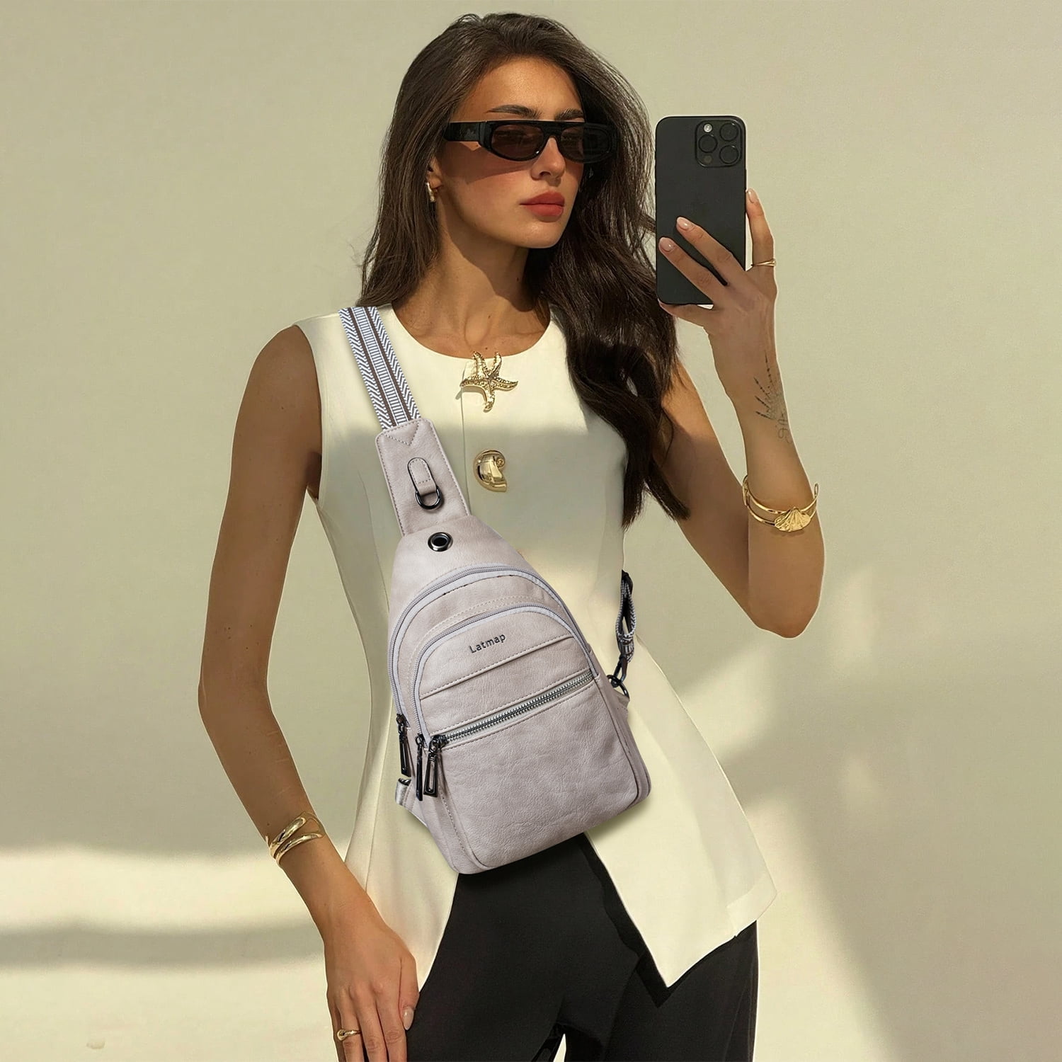 LATMAP 7L Sling Bag for Women, Faux Leather Crossbody Fanny Pack - Lightweight Chest Bag for Travel, Hiking & Shopping