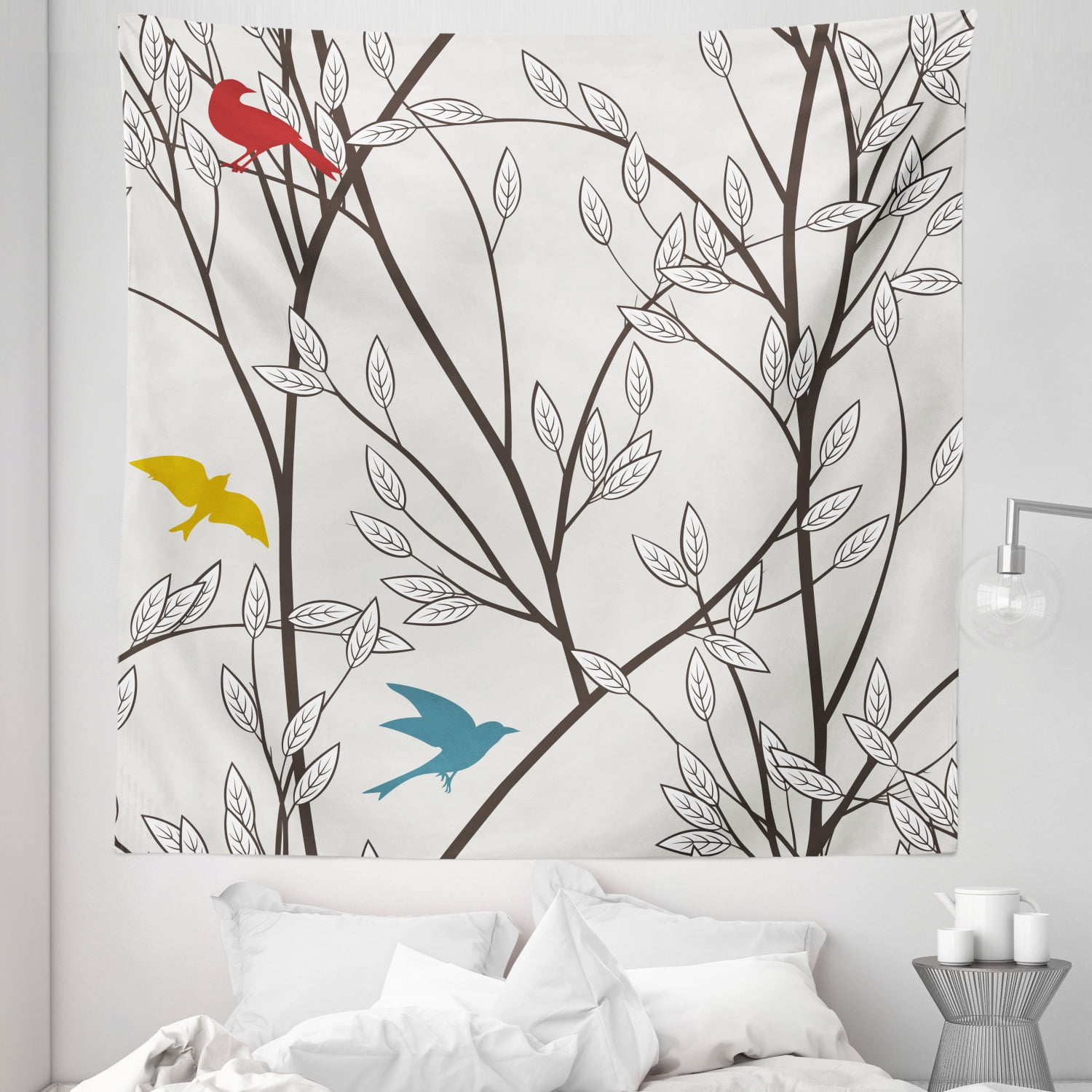 Nature Tapestry, Birds Wildlife Cartoon Like Image with Tree Leaf Art ...