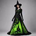thumbnail image 2 of KLHDSF Women's Halloween Chiffon Lace Long Dress Round Neck Long Sleeve Hollow Out Lace Maxi Dress Gothic Party Witch Costume Dress For Women Green XL, 2 of 8