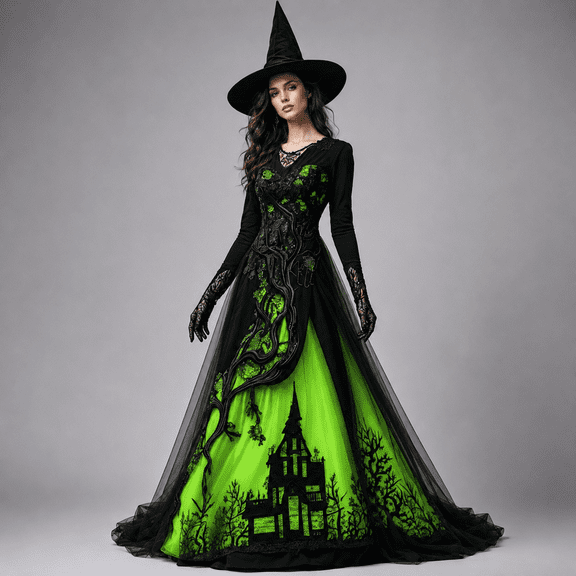 Womens Halloween Costume Dress, Treehouse Thorn Lace Chiffon Maxi Gown Gothic Mesh Overlay Long Sleeve Party Dress, Halloween Gothic Dress, Gothic Costume Dress