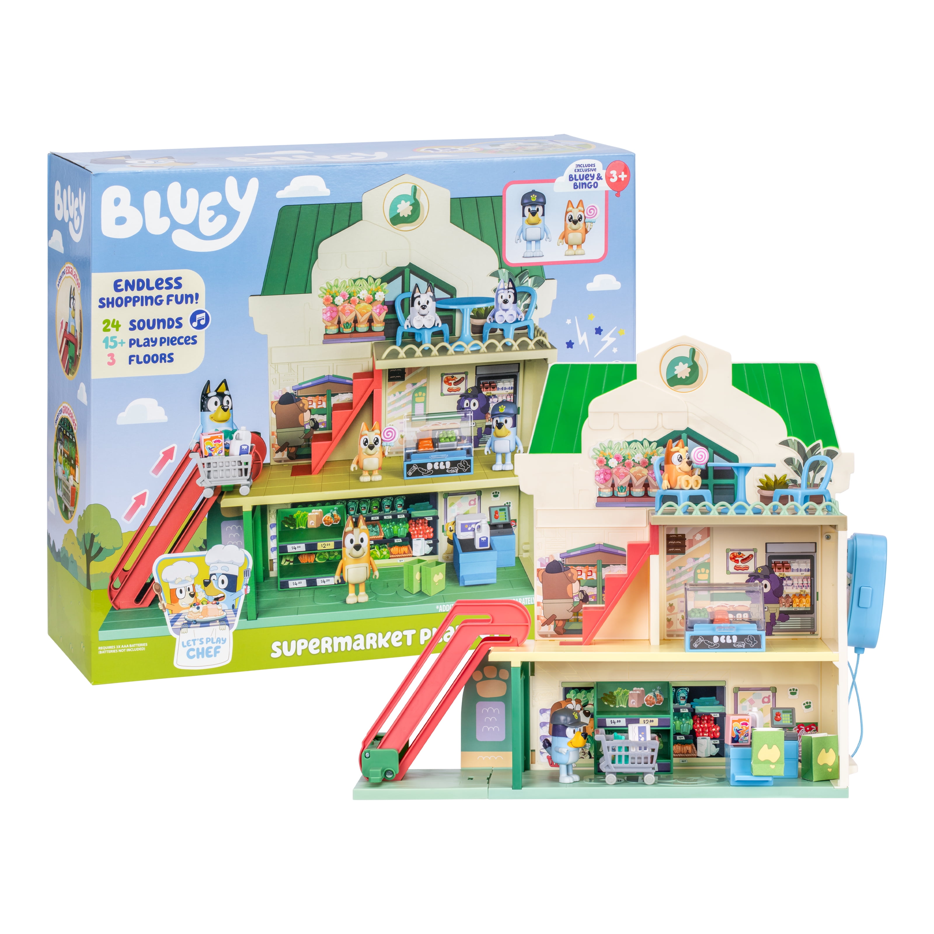 Bluey Supermarket Playset, 3 Different Levels with Exclusive Bluey and Bingo Figures. 24 Sounds and 15+ Play Pieces Plus Fun Intercom, Ages 3+