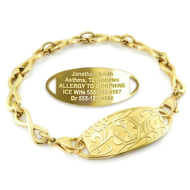 MedicEngraved Yellow Gold Stainless Steel Custom Medical Alert Bracelet - 6mm Infinity Link