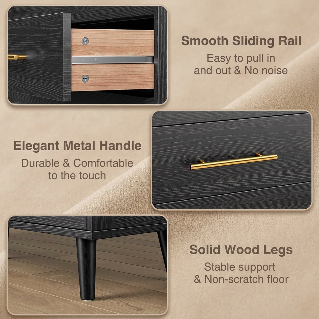 5 Drawer Wood Dressers, Wide Chest of Drawers with Gold Handles, Accent Furniture for Living Room, Black
