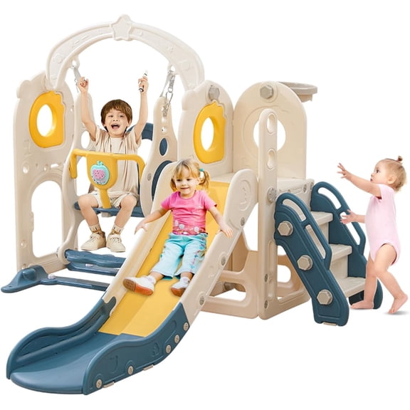 Freestanding Toddler Slide with Swing Set, 6 in 1 Kids Indoor Playset L Shaped Slide with Basketball Hoop for Toddlers 1-3