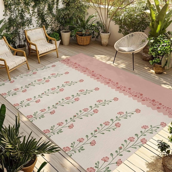 Spring Pink Floral Outdoor Rug for Patio/Deck/Porch, Non-Slip Large Area Rug 5 x 7 Ft, Vintage Farmhouse Flowers Art Indoor Outdoor Rugs Washable Area Rugs, Reversible Camping Rug Carpet Runner