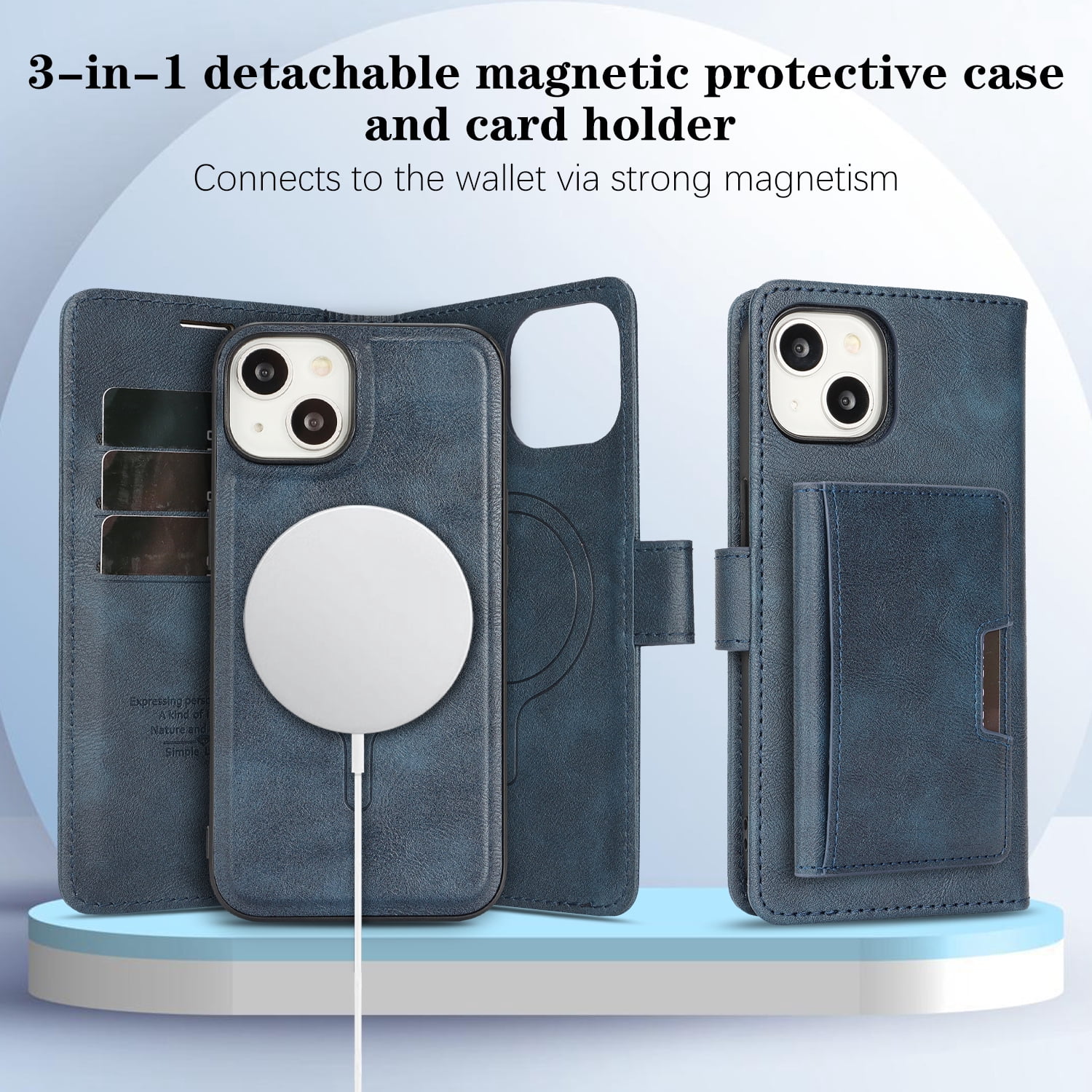 Dteck for iPhone 15 Case Detachable Wallet Case with Card Holder, 3 in 1 PU Leather Flip Folio with RFID Blocking Stand Shockproof Phone Cover,Blue