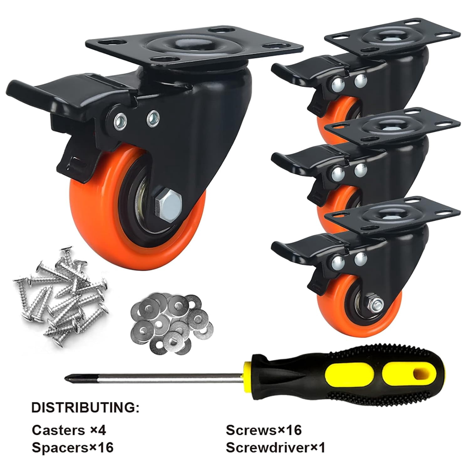 FRKSMD-2" Caster Wheels Set of 4, Heavy Duty Casters with Brake, No Noise Locking Casters with Orange Polyurethane (PU) Wheels, Swivel Plate Castors Pack of 4