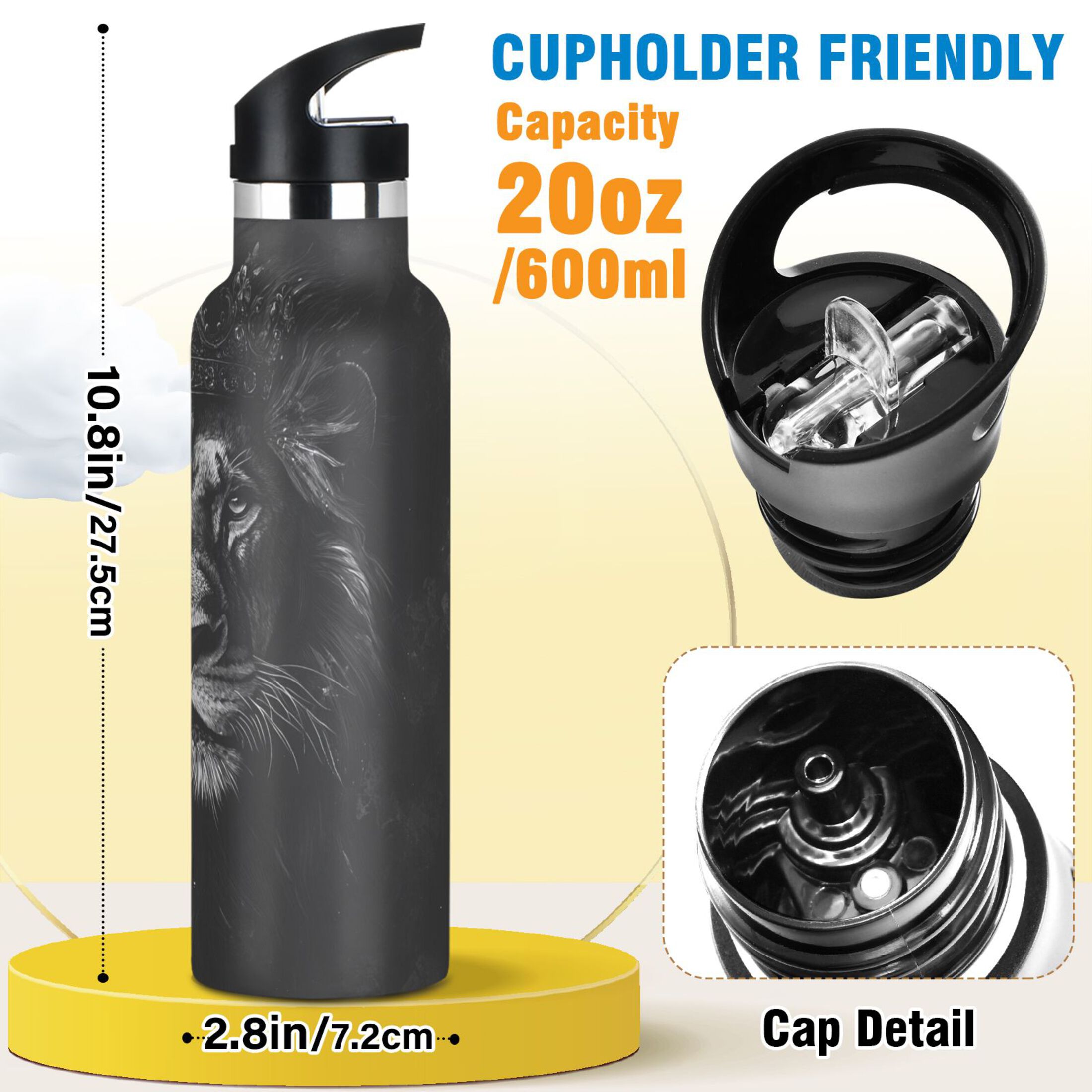 600ML Stainless Steel Insulated Cup Sports Water Bottle Portable Thermos Cup Water Glasses Insulated Tumblers Convenient and Durable Gray Crown Lion
