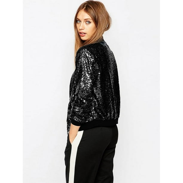 Women Sequin Coat Bomber Jacket Long Sleeve Zipper Streetwear Casual Loose Glitter Outerwear