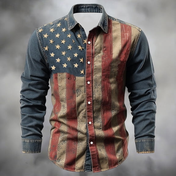 SOFTCCLO USA 250th Anniversary Merchandise Men Long Sleeve Collared American Flag Print Button Down Shirt Independence Day Stylish Casual Top Khaki L
