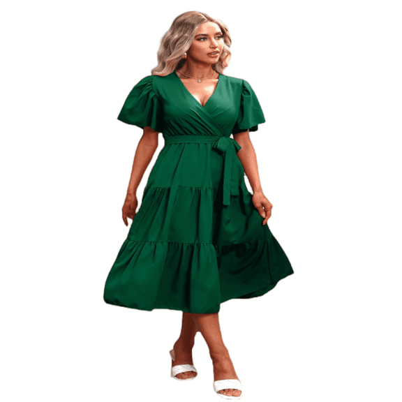 LYMAYTER Summer Short Sleeve Dress for Women's Casual V Neck Ruffle Maxi Dress Solid Color Puff Sleeve
